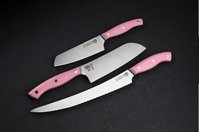 Three Savernake knives with baby pink G10 handles made for Jolly Hog