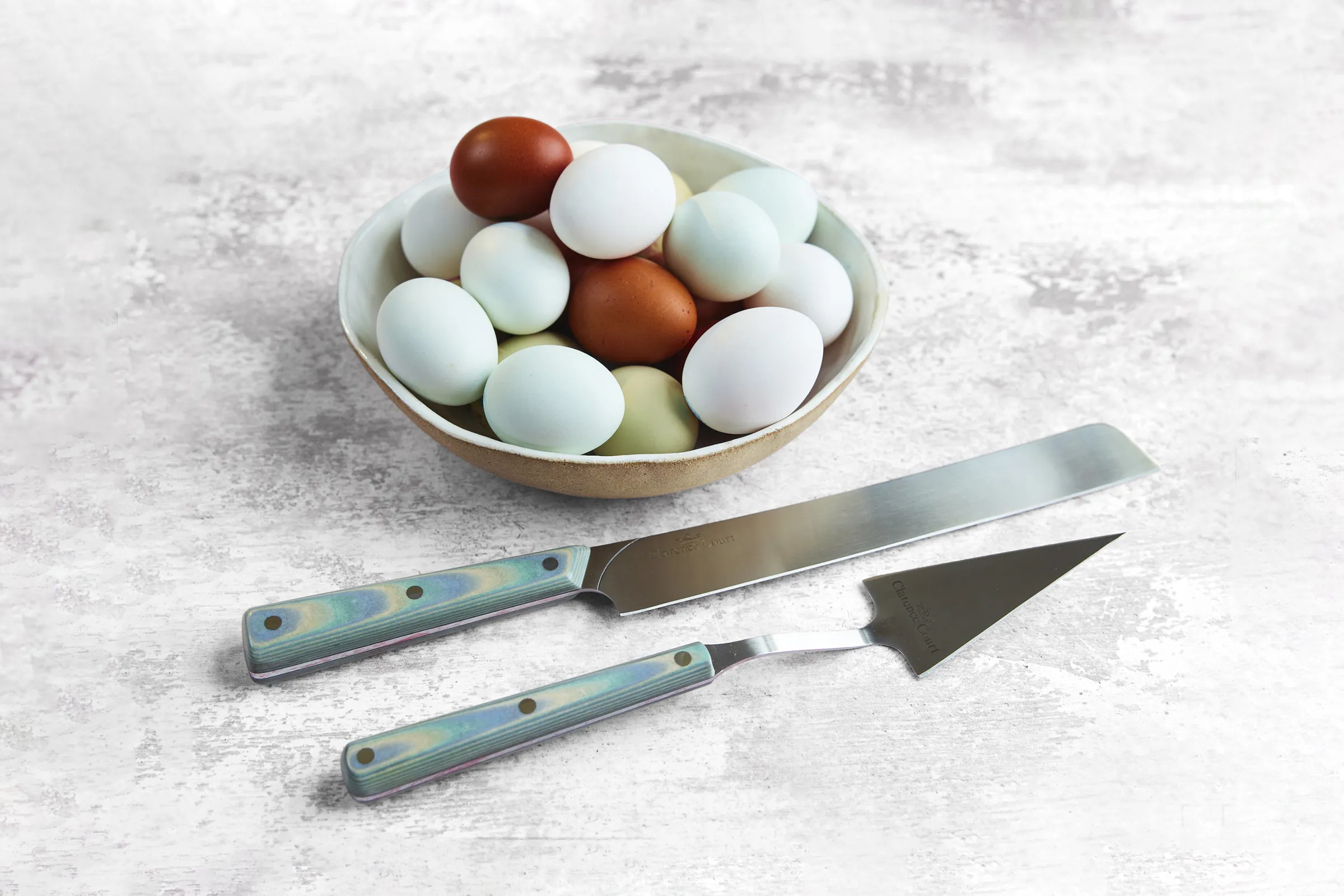 Savernake cake knife set inspired by Clarence Court egg shells