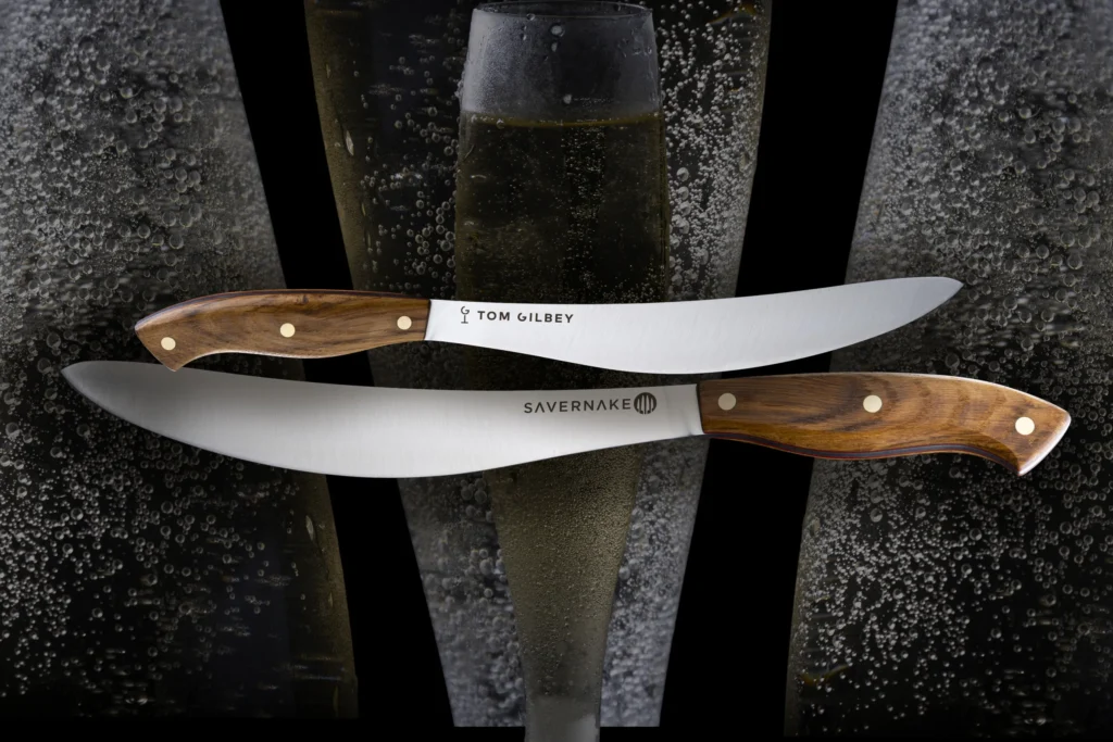 Tom Gilbey champagne sabre in British steel and oak by Savernake
