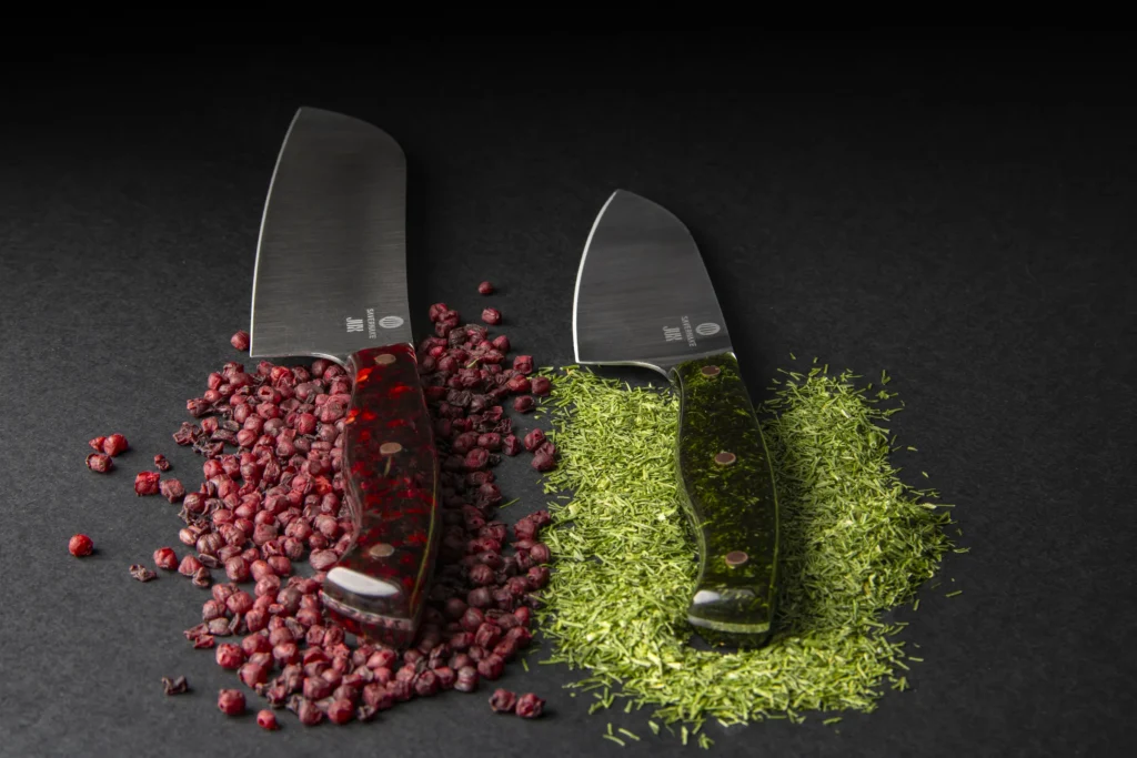 Savernake x JUX Santoku with freeze-dried herbs set in a clear resin handle