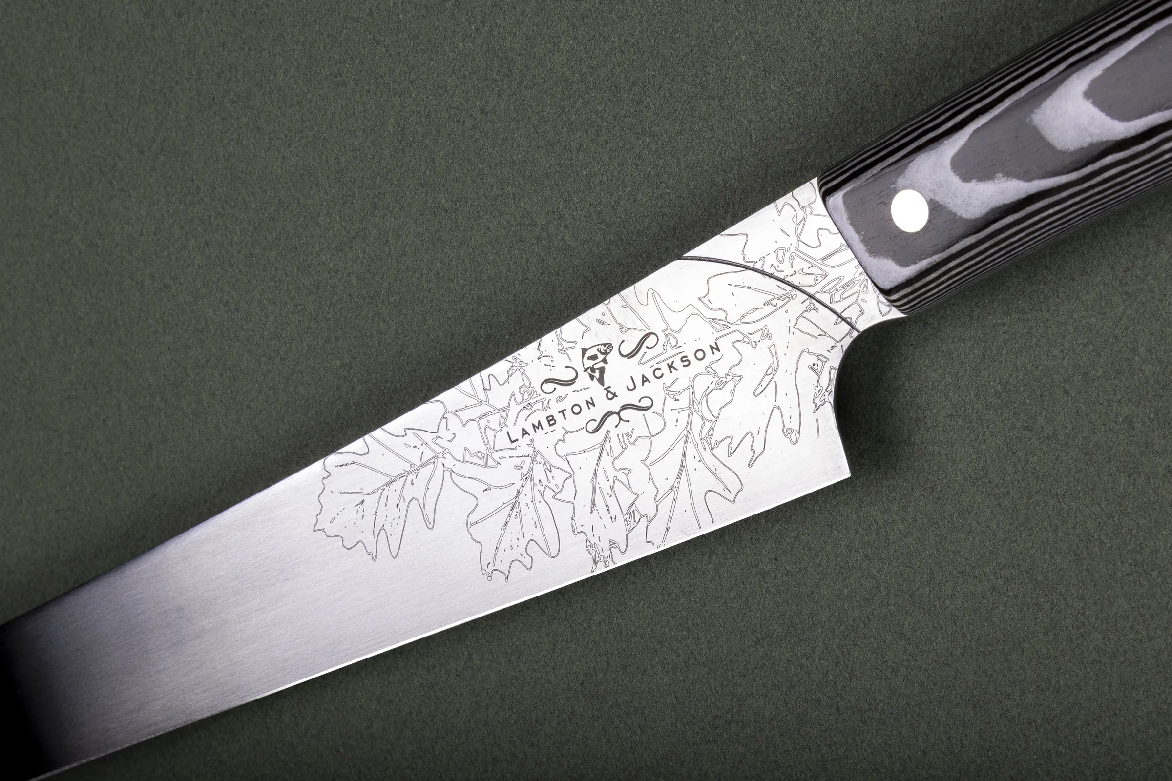 Long, slender salmon slicer engraved down its length, Lambton & Jackson collaboration