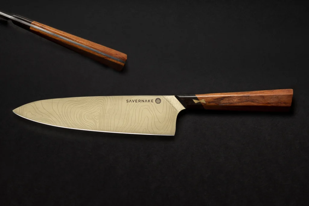 Wa-style handle capped with African blackwood and a brass bow-tie inlay