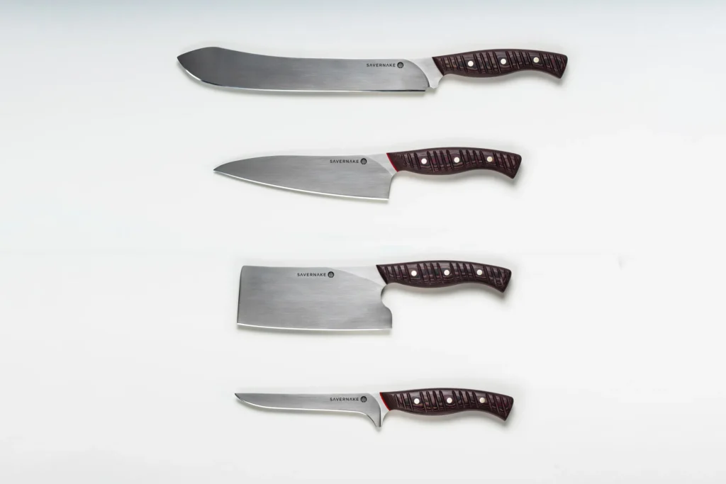 Neil Rankin barbecue knife set with layered Richlite handles by Savernake